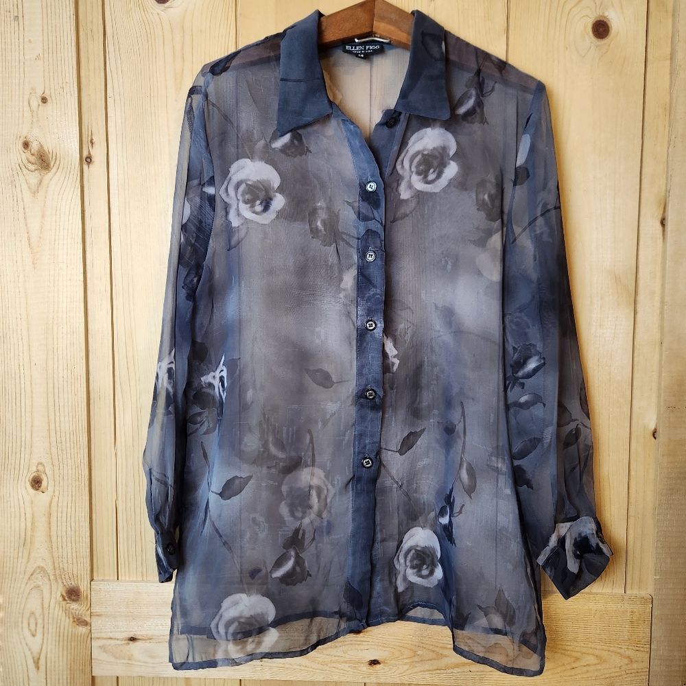 Vintage Ellen Figg Floral Sheer Button Down Long Sleeve Blouse Top Made in USA